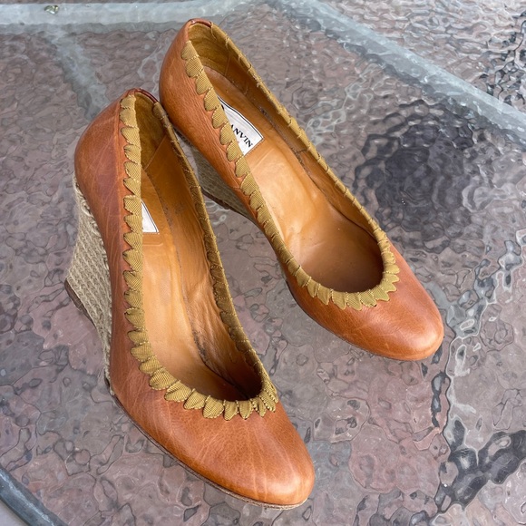 Lanvin Shoes - Lanvin Brown Grosgrain Stitched Leather Wedge Pump Size 38